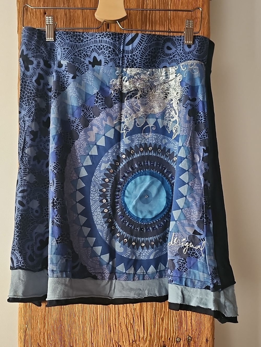 Desigual Sz XL Blue Silver Patterned Women's Skirt 100% Cotton